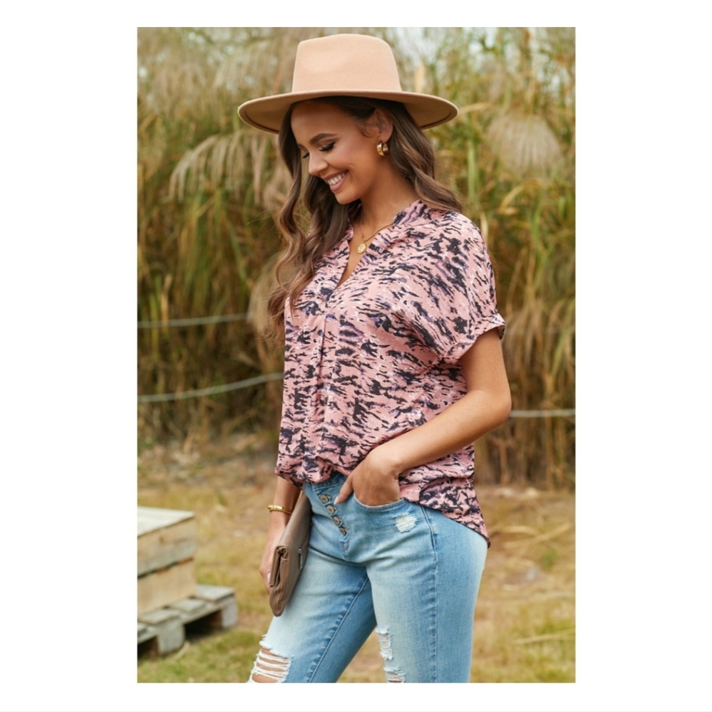 Dusty Rose Women's Colored Animal Print V-neck Tunic Top (no tags)